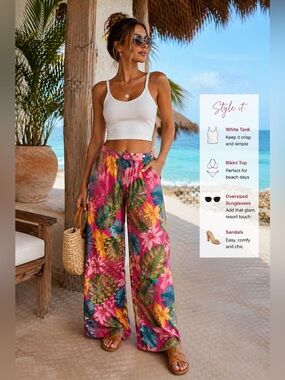 Tropical Print Swim Cover Up Pants XL Pink Palm Wide Leg Resort Beach Pants